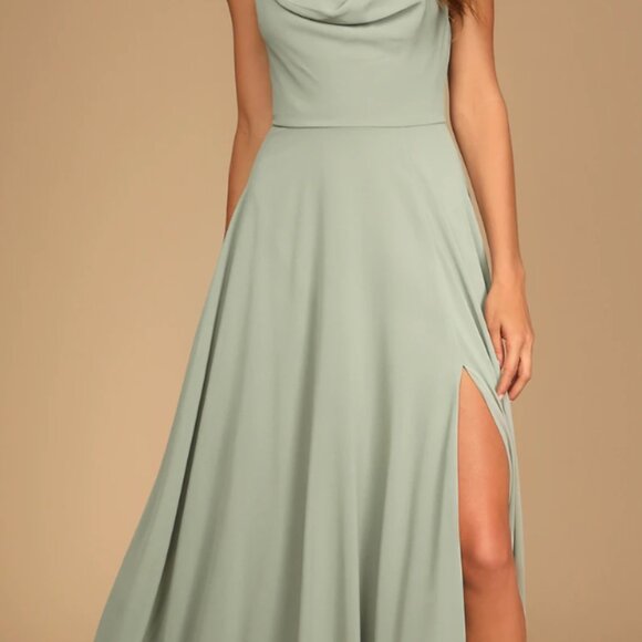 Lulus Romantically Speaking Sage Green Cowl Lace-up Maxi Dress - Size M - Picture 4 of 4